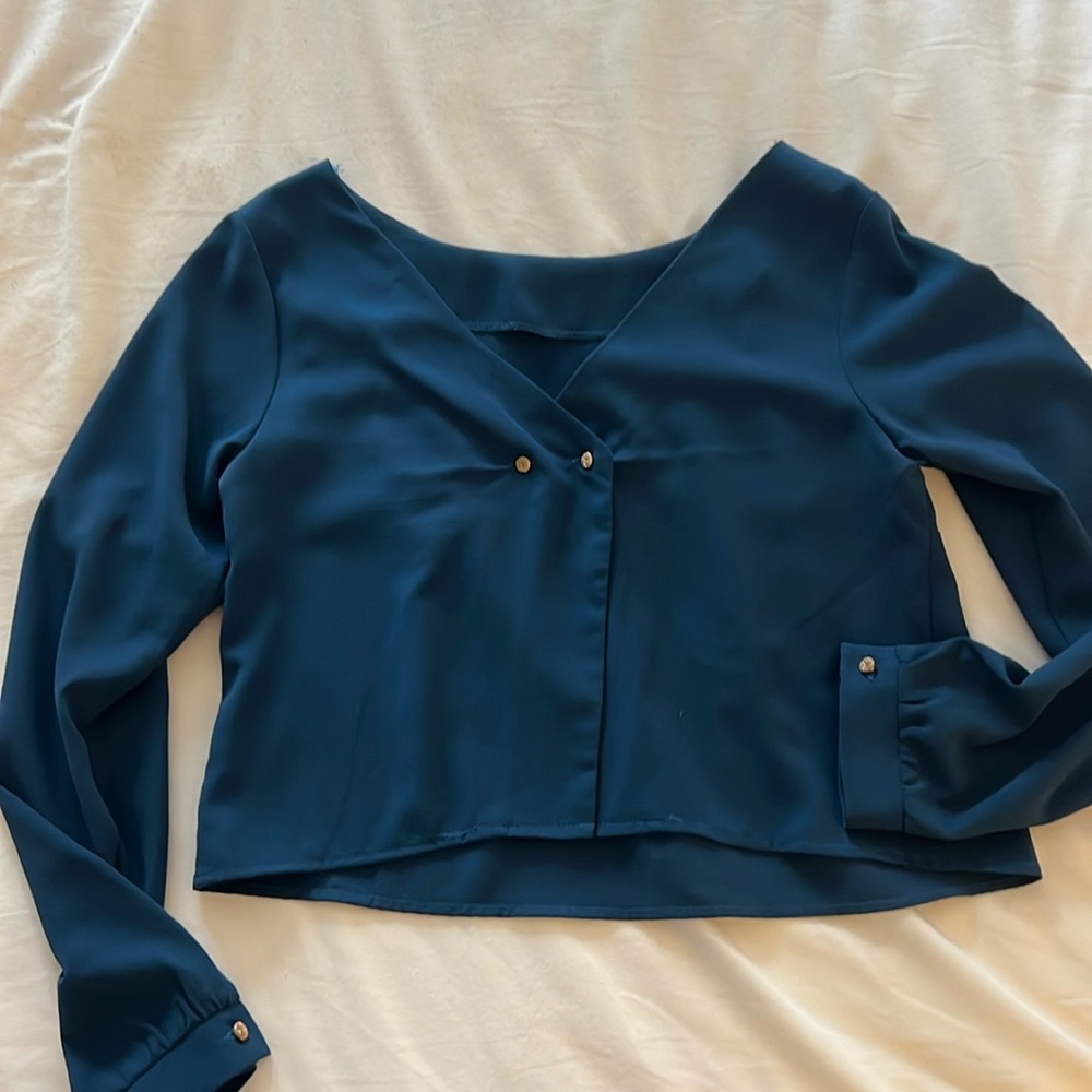 Blue crop top with gold buttons